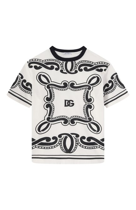 Детская хлопковая футболка DOLCE & GABBANA черно-белого цвета, арт. L4JTHV/G70K3/8-14 | Фото 1 (Рукава: Короткие; Материал сплава: Проставлено; Драгоценные камни: Проставлено)