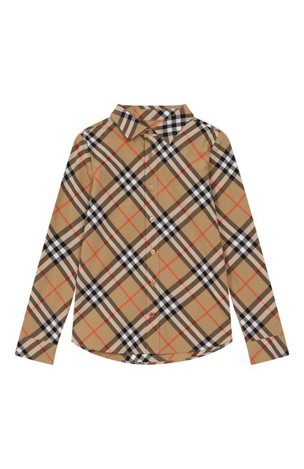 Детская хлопковая рубашка BURBERRY бежевого цвета, арт. 8088966 | Фото 1 (Рукава: Длинные; Драгоценные камни: Проставлено; Материал внешний: Хлопок; Материал сплава: Проставлено)