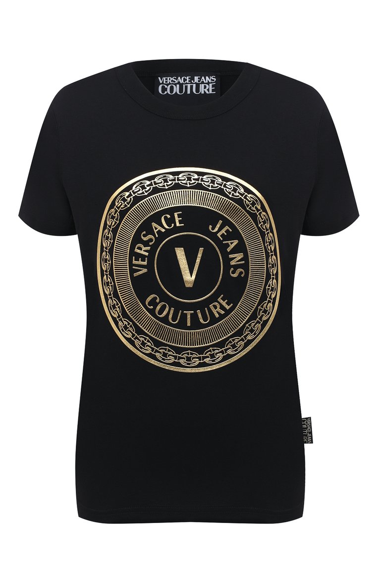 Женская хлопковая футболка VERSACE JEANS COUTURE черного цвета, арт. B2HZA7TK-ZDP613 REG. 48 F0IL/30319 | Фото 1 (Рукава: Короткие; Длина (для топов): Стандартные; Материал внешний: Хлопок; Стили: Гламурный; Женское Кросс-КТ: Футболка-одежда; Принт: С принтом; Драгоценные камни: Проставлено; Материал сплава: Проставлено)