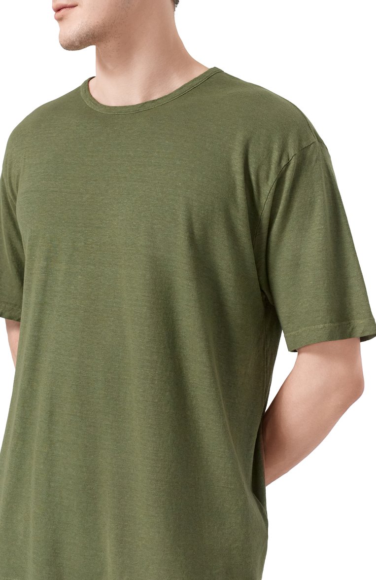 Мужская футболка из хлопка и льна 120% LINO хаки цвета, арт. 32ALIM79GR/G308/S01 | Фото 5 (Длина (для топов): Удлиненные; Материал внешний: Лен, Хлопок; Рукава: Короткие; Принт: Без принта; Стили: Кэжуэл; Кросс-КТ: Джерси; Мужское Кросс-КТ: Футболка-одежда)