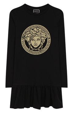 Детское хлопковое платье VERSACE черного цвета, арт. YC000183/YA00019/8A-14A | Фото 1 (Рукава: Длинные; Случай: Повседневный; Принт: С принтом; Материал сплава: Проставлено, Проверено; Материал внешний: Хлопок; Статус проверки: Проверено, Проверена категория; Девочки Кросс-КТ: Платье-одежда; �Драгоценные камни: Проставлено)