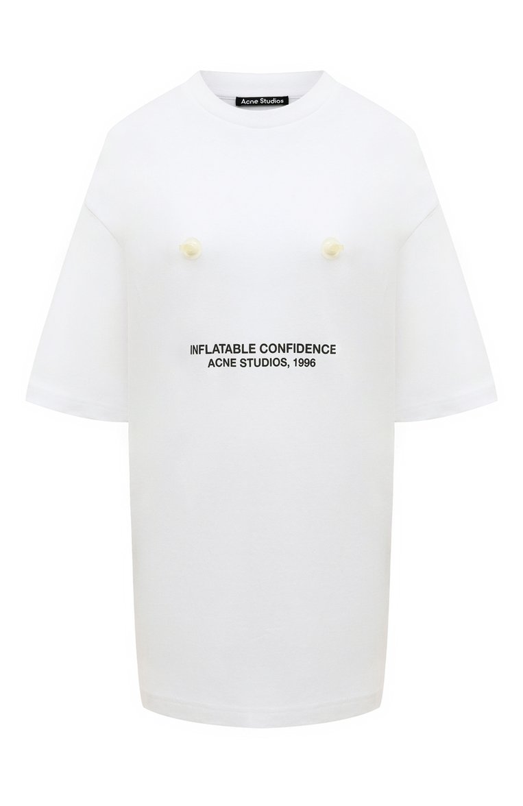 Женская хлопковая футболка ACNE STUDIOS белого цвета, арт. FA-UX-TSHI000190 | Фото 1 (Материал внешний: Хлопок; Длина (для топов): Удлиненные; Рукава: 3/4; Стили: Кэжуэл; Принт: С принтом)
