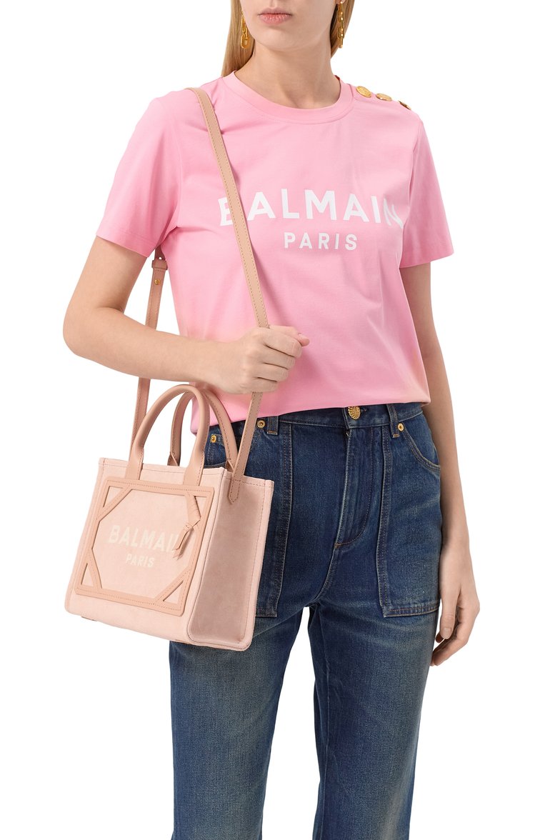 Женская сумка b-army small BALMAIN светло-розового цвета, арт. EN1FE900/LDCY | Фото 2 (Ремень/цепочка: На ремешке; Материал: Натуральная кожа, Натуральная замша; Драгоценные камни: Проставлено; Материал сплава: Проставлено; Размер: small)