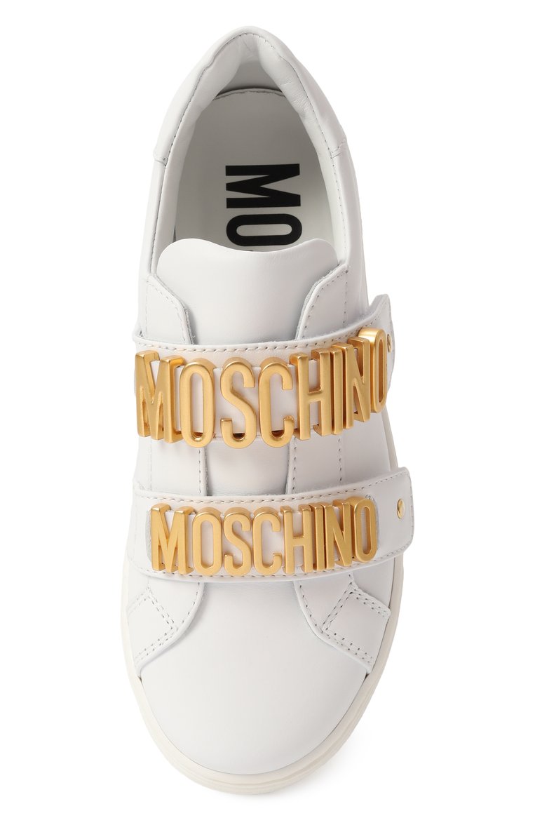 Детские кожаные кеды MOSCHINO белого цвета, арт. 80592/VAR2/28-35 | Фото 4 (Материал внутренний: Натуральная кожа; Нос: Не проставлено; Материал внешний: Натуральная кожа; Девочки Кросс-КТ: Обувь-низкие; Кросс-КТ: велькро; Автоматизация состава: Проставлено)