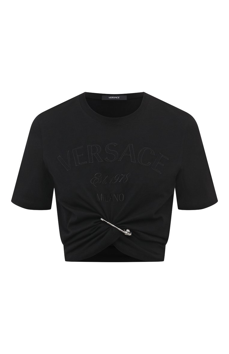 Женская хлопковая футболка VERSACE черного цвета, арт. 1013606/1A10140 | Фото 1 (Длина (для топов): Укороченные; Рукава: Короткие; Материал внешний: Хлопок; Стили: Гранж; Принт: Без принта; Детали: Декор; Автоматизация состава: Проставлено; Автоматизация ТО: Проставлено)