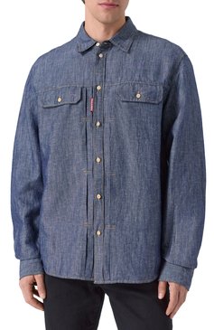 Мужская рубашка из хлопка и льна DSQUARED2 синего цвета, арт. S74DM0896/D30012 | Фото 3 (Длина (для топов): Стандартные; Материал внешний: Лен, Хлопок, Деним; Рукава: Длинные; Кросс-КТ: Деним; Принт: Однотонные; Манжеты: На пуговицах; Воротник: Кент; Случай: Повседневный; Стили: Кэжуэл)