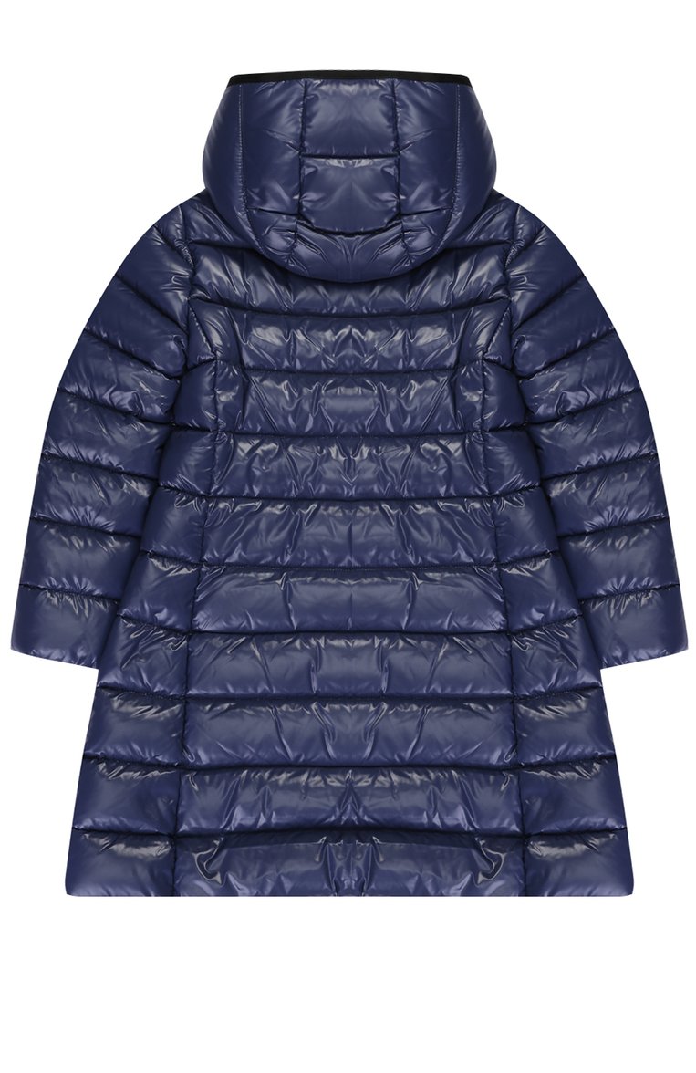 Детская пуховое пальто с капюшоном MONCLER ENFANT синего цвета, арт. C2-954-49900-05-68950/8-10A | Фото 2 (Материал подклада: Синтетический материал; Рукава: Длинные; Материал внешний: Синтетический мате�риал, Пух и перо; Девочки Кросс-КТ: Пуховик-верхняя одежда; Кросс-КТ: Зима; Драгоценные камни: Проставлено; Материал сплава: Проставлено)