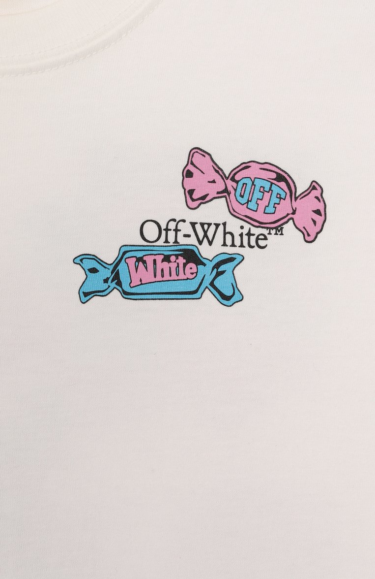 Детская хлопковая футболка OFF-WHITE молочного цвета, арт. 0GAA001S25JER004/4-12 | Фото 3 (Автоматизация ТО: Проставлено; Автоматизация состава: Проставлено; Материал внешний: Хлопок; Рукава: Короткие; Девочки Кросс-КТ: Футбо�лка-спорт, футболка-одежда; Ростовка одежда: 4 года | 104 см, 6 лет | 116 см, 8 лет | 128 см, 10 - 11 лет | 140 - 146см, 12 лет | 152 см)