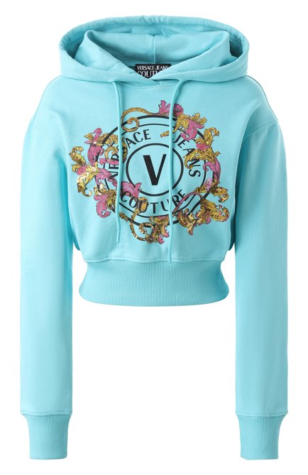 Женский хлопковое худи VERSACE JEANS COUTURE бирюзового цвета, арт. 78HAIC01/CF00C | Фото 1 (Длина (для топов): Укороченные; Материал сплава: Проставлено; Драгоценные камни: Проставлено; Рукава: Длинные; Материал внешний: Хлопок)