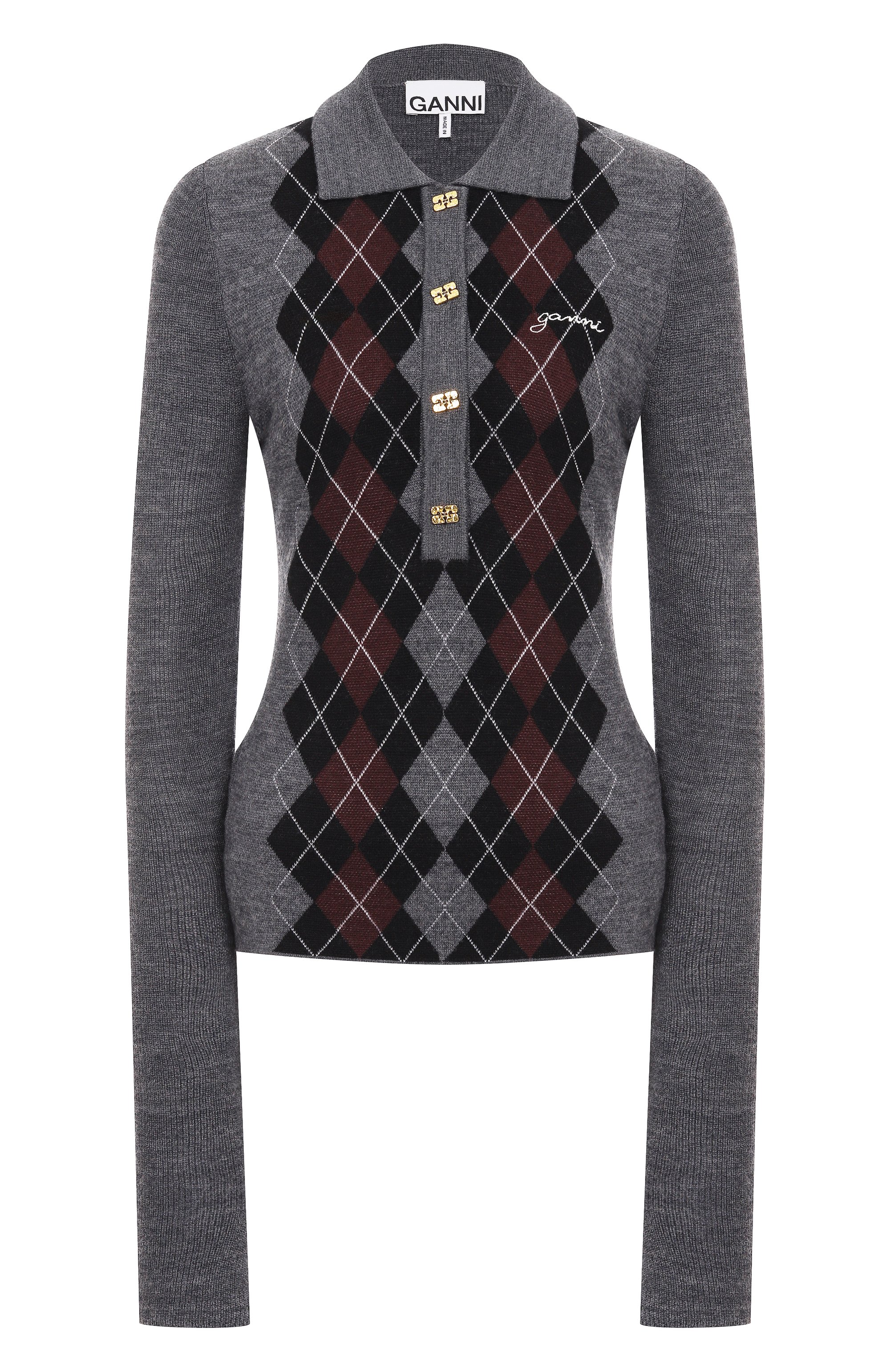 Шерстяное поло GANNI серого цвета по цене 36950 руб., арт. K2314, фото 1 Шерстяное поло GANNI, арт. K2314, фото 1