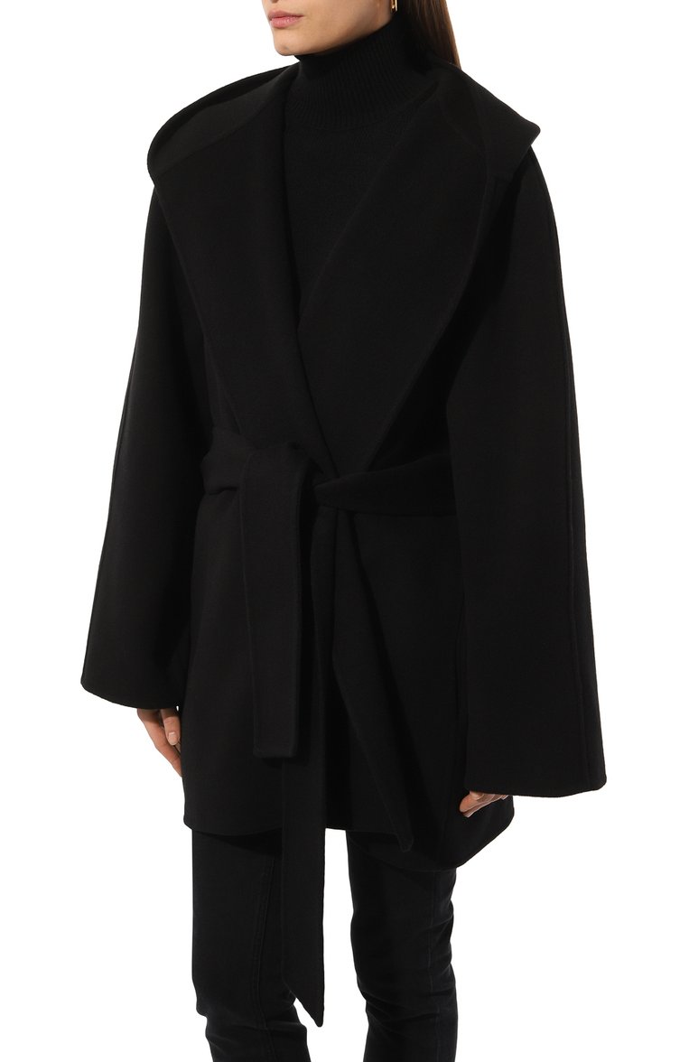 Женское шерстяное полупальто BALENCIAGA черного цвета, арт. 808945/TRU30 | Фото 3 (1-2-бортные: Однобортные; Рукава: Длинные; Материал внешний: Шерсть; Стили: Кэжуэл; Длина (верхняя одежда): До середины бедра)
