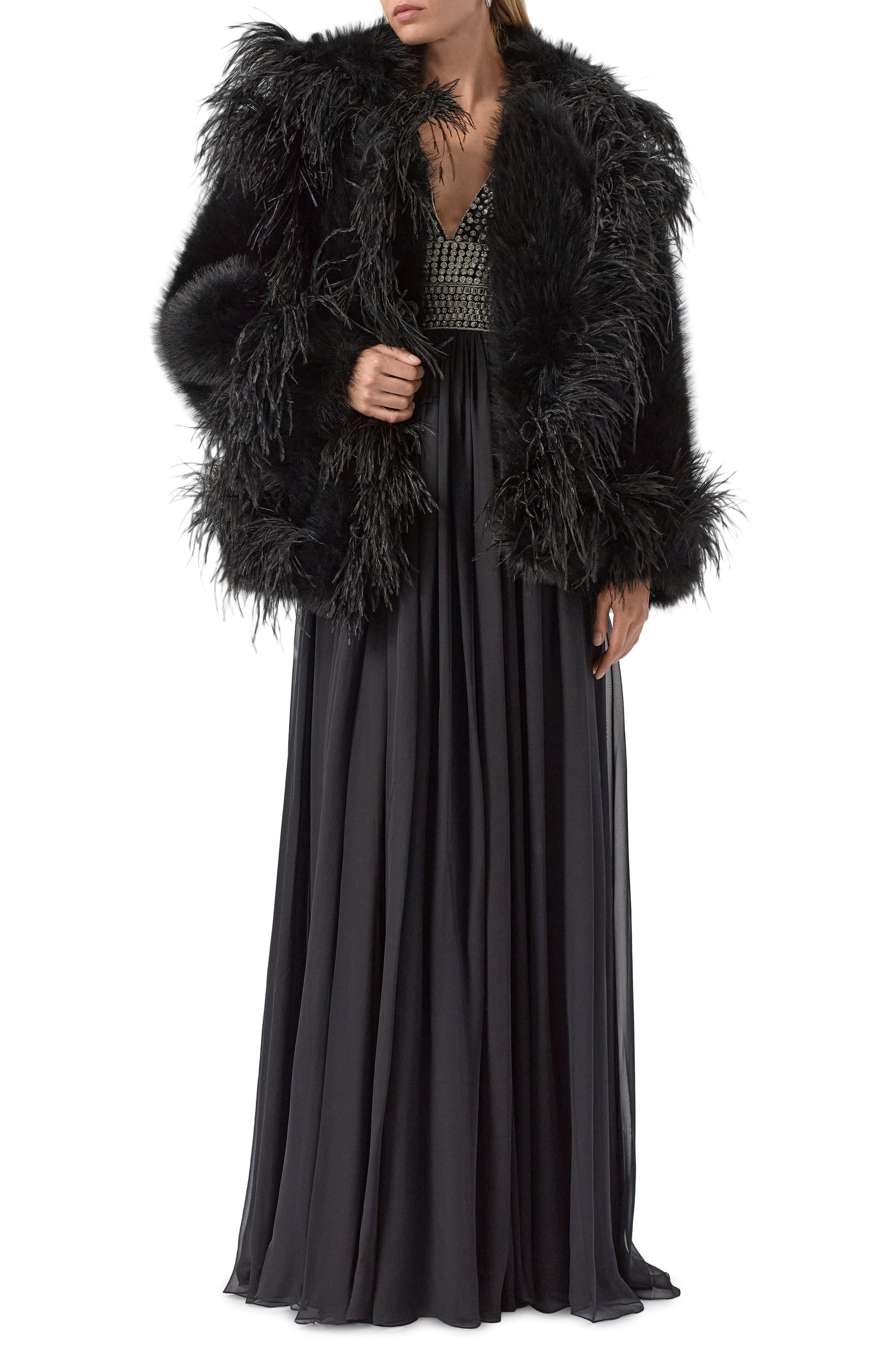 Шуба с отделкой перьями ELIE SAAB, арт. J0148AP25/FR001, фото 2