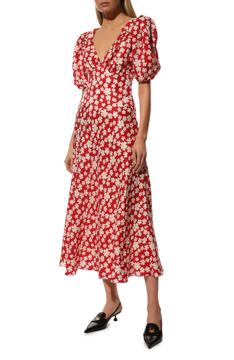 Женское шелковое платье MIU MIU красного цвета, арт. MF4530-10LD-F057S | Фото 3 (Длина Ж (юбки, платья, шорты): Миди; Материал внешний: Шелк; Рукава: 3/4; Женское Кросс-КТ: Платье-одежда; Случай: Повседневный; Стили: Романтичный; Драгоценные камни: Проставлено; Материал сплава: Проставлено)