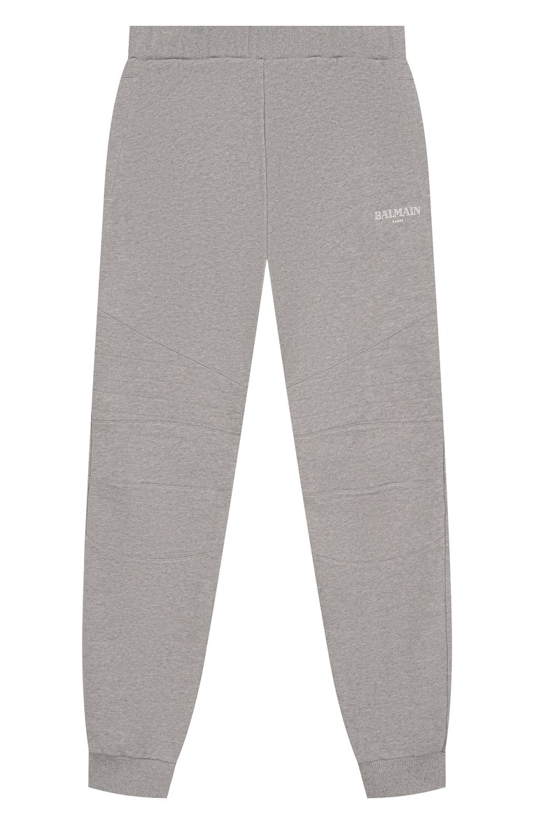 Детские хлопковые джоггеры BALMAIN серого цвета, арт. BW6R10 | Фото 1 (Материал внешний: Хлопок; Но�с: Не проставлено; Мальчики Кросс-КТ: Брюки-спорт, Джоггеры-одежда; Ростовка одежда: 10 - 11 лет | 140 - 146см, 16 лет | 164 см, 8 лет | 128 см, 13 - 15 лет | 158 см, 6 лет | 116 см, 12 лет | 152 см)