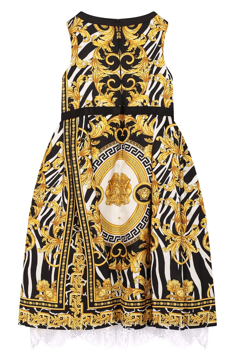 Детское шелковое платье VERSACE разноцветного цвета, арт. YC000090/YA00279/6A | Фото 2 (Статус проверки: Проверена категория; Материал подклада: Вискоза; Материал внешний: Шелк; Принт: С принтом; Девочки Кросс-КТ: Платье-одежда; Случай: Повседневный; Драгоценные камни: Проставлено; Материал сплава: Проставлено)