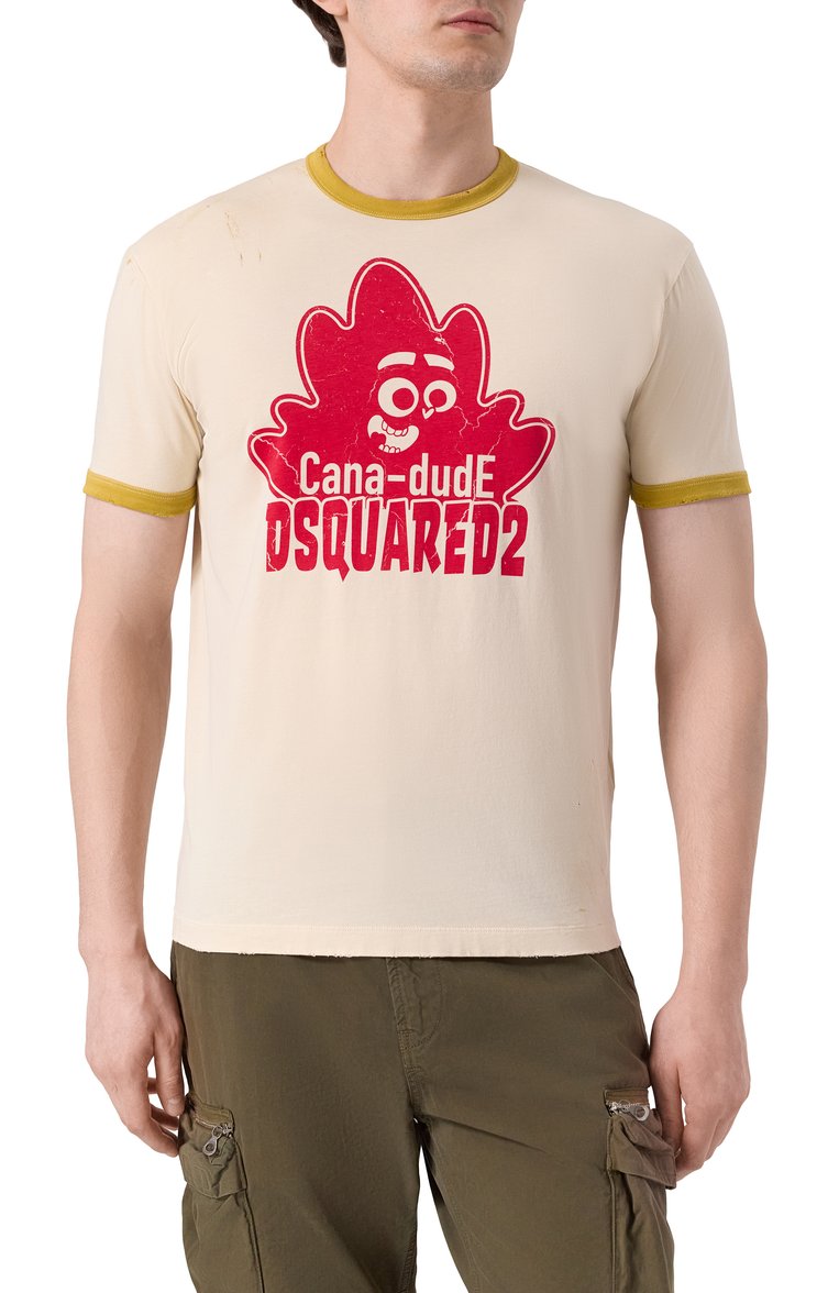 Мужская хлоп�ковая футболка DSQUARED2 кремового цвета, арт. S74GD1389/D20035 | Фото 3 (Рукава: Короткие; Длина (для топов): Стандартные; Материал внешний: Хлопок; Принт: С принтом; Стили: Спорт-шик; Мужское Кросс-КТ: Футболка-одежда)