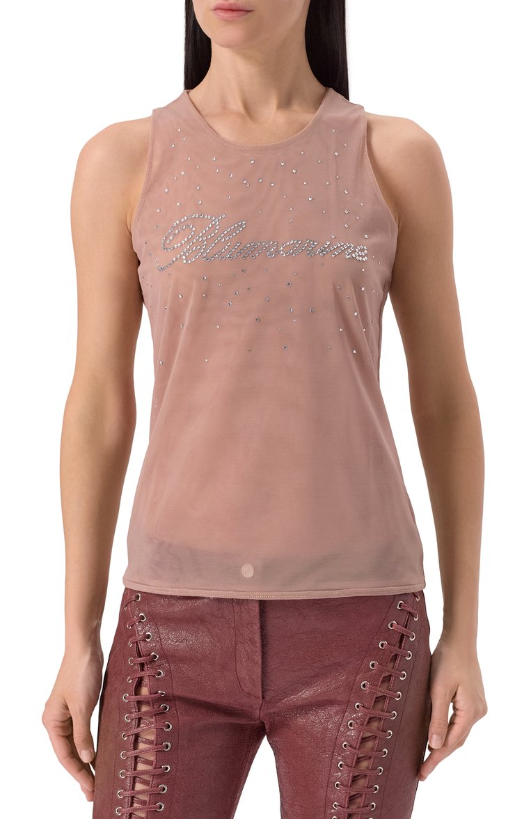 Женская майка с отделкой стразами BLUMARINE бежевого цвета, арт. P54 4T061A | Фото 3 (Материал внешний: Синтетический материал; Длина (для топов): Стандартные; Стили: Кэжуэл; Автоматизация состава: Проставлено; Автоматизация ТО: Проставлено; Рукава: Без рукавов)