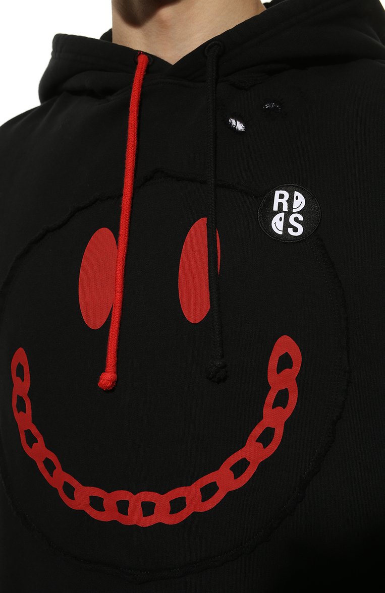 トップス RAF SIMONS 224-164 Smiley Popover Hoody Raf Simons x Smiley Oversized Distressed Hoodie | Black