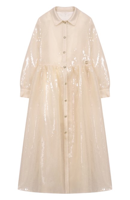 Детское платье ELIE SAAB JUNIOR кремвого цвета, арт. EFAB073 MX TS0991 | Фото 1 (Драгоценные камни: Проставлено; Материал сплава: Проставлено; Материал внешний: Синтетический материал; Рукава: Короткие)