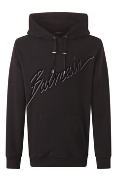 Мужской хлопковое худи BALMAIN черного цвета, арт. EH1JT047/BC86 | Фото 1 (Рукава: Длинные; Длина (для топов): Стандартные; Материал сплава: Проставлено; Драгоценные камни: Проставлено; Принт: С принтом; Мужское Кросс-КТ: Худи-одежда; Стили: Спорт-шик; Материал внешний: Хлопок)
