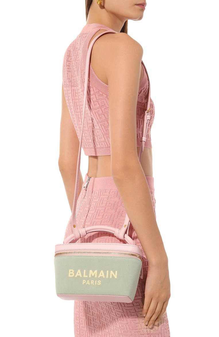 Женская сумка b-army BALMAIN светло-зеленого цвета, арт. DN1BG921/TCNY | Фото 2 (Материал: Текстиль; Ремень/цепочка: На ремешке; Драгоценные к�амни: Проставлено; Размер: mini; Материал сплава: Проставлено)