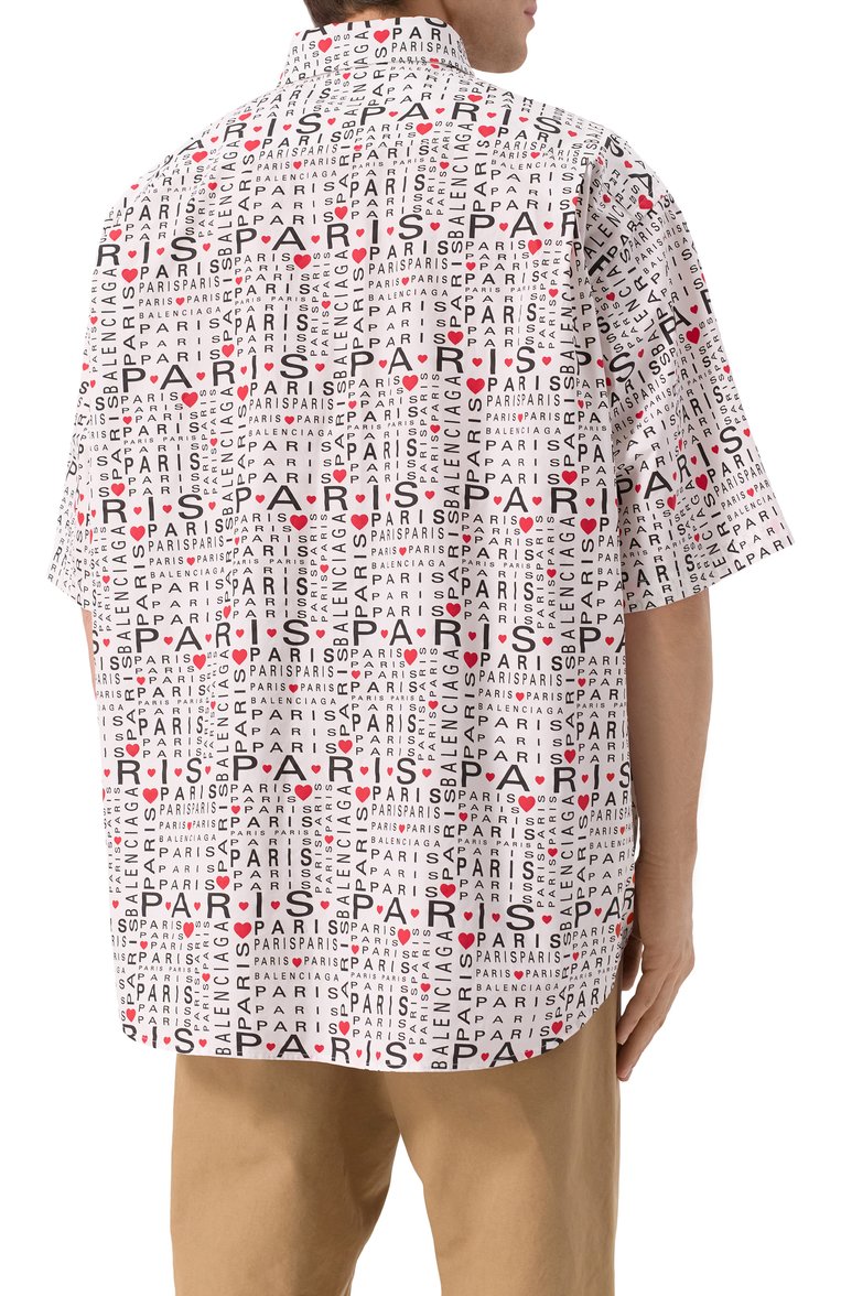 Мужская хлопковая рубашка BALENCIAGA белого цвета, арт. 681702/TRLH7 | Фото 4 (Рукава: 3/4; Материал внешний: Хлопок; Длина (для топов): Стандартные; Случай: Повседневный; Воротник: Button down; Принт: С принтом; Стили: Романтичный, Гранж)