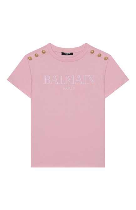 Детская хлопковая футболка BALMAIN светло-розового цвета, арт. BW8A21 | Фото 1 (Драгоценные камни: Проставлено; Рукава: Короткие; Материал внешний: Хлопок; Материал сплава: Проставлено)