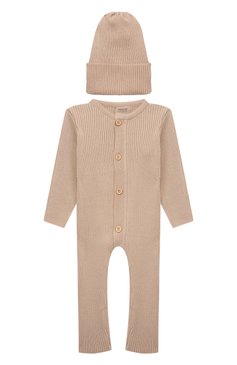 Детский комплект из комбинезона и шапки ROYAL FIVE COLLECTION бежевого цвета, арт. ККВЛ-БACS107 | Фото 1 (Материал сплава: Проставлено; Нос: Не проставлено; Материал внешний: Хлопок)