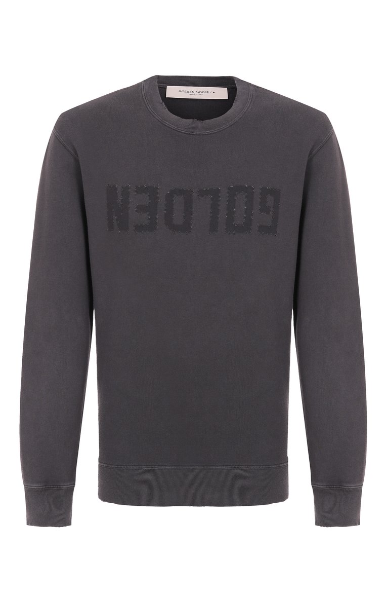 Мужской хлопковый свитшот GOLDEN GOOSE DELUXE BRAND темно-серого цвета, арт. GMP01223.P000642 | Фото 1 (Рукава: Длинные; Длина (для топов): Стандартные; Материал внешний: Хлопок; Стили: Кэжуэл; Принт: С принтом; Мужское Кросс-КТ: свитшот-одежда)