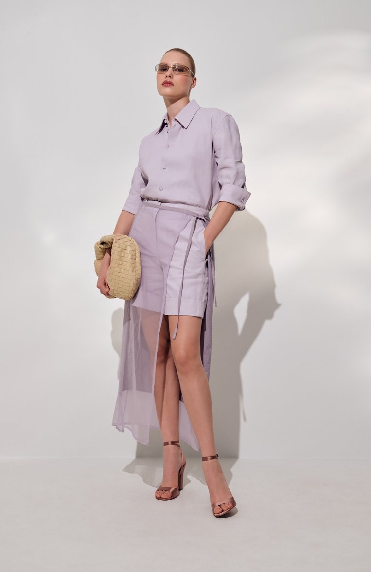Женские льняные шорты JIL SANDER сиреневого цвета, арт. J02KA0323/J60001 | Фото 7 (Длина Ж (юбки, платья, шорты): Мини; Материал внешний: Лен; Кросс-КТ: костюм; Стили: Минимализм; Автоматизация состава: Проставлено; Автоматизация ТО: Проставлено)