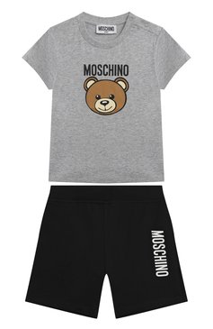 Детский комплект из футболки и шорт MOSCHINO серого цвета, арт. MRG00M/LAA02 | Фото 1 (Случай: Повседневный; Материал сплава: Проставлено; Нос: Не проставлено; Материал внешний: Хлопок; Ростовка одежда: 12 мес | 80 см, 18 мес | 86 см, 24 мес | 92 см, 36 мес | 98 см)