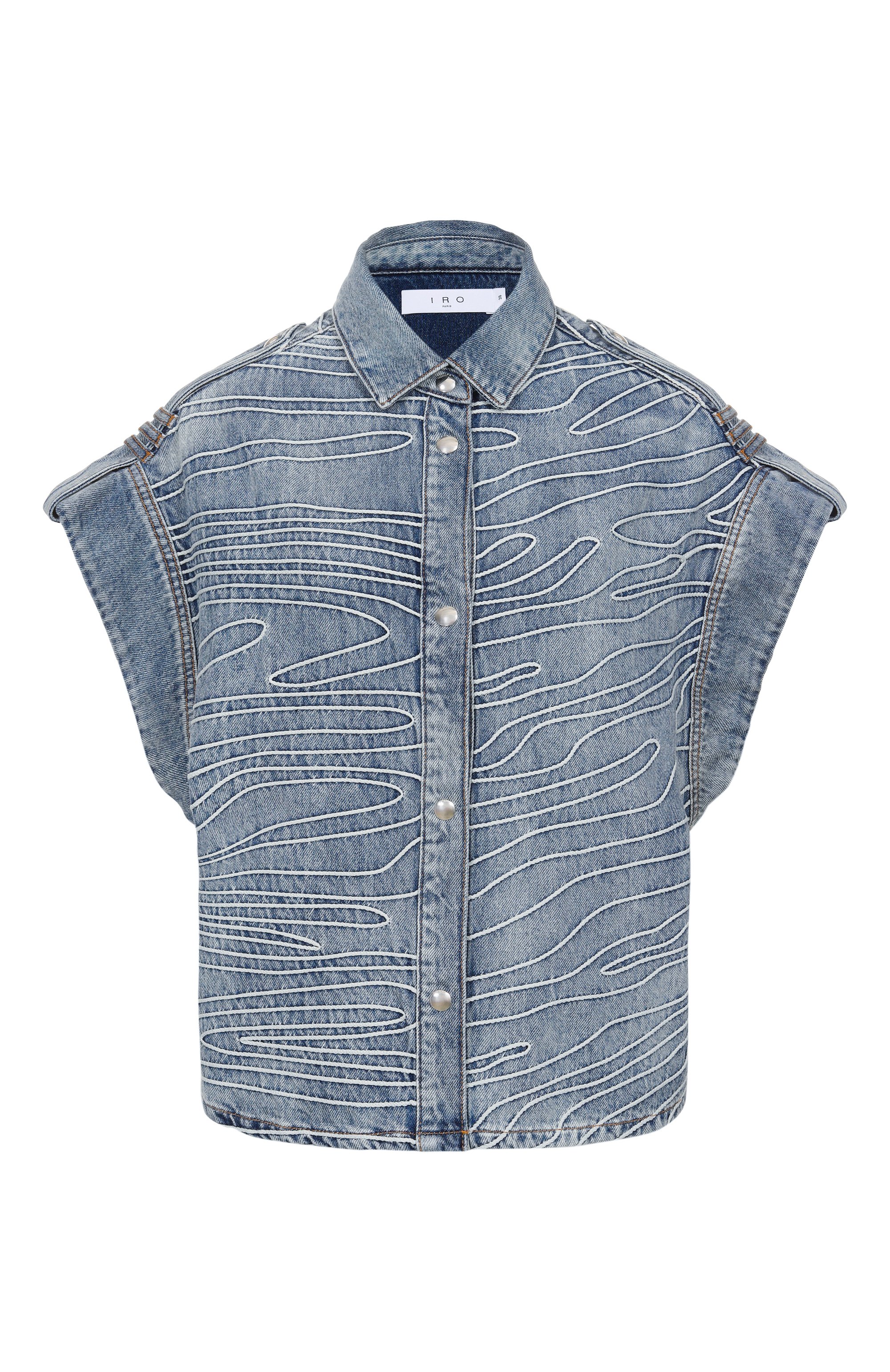 Джинсовый жилет IRO голубого цвета по цене 52750 руб., арт. WM100VALENTINA, фото 1 Джинсовый жилет IRO, арт. WM100VALENTINA, фото 1