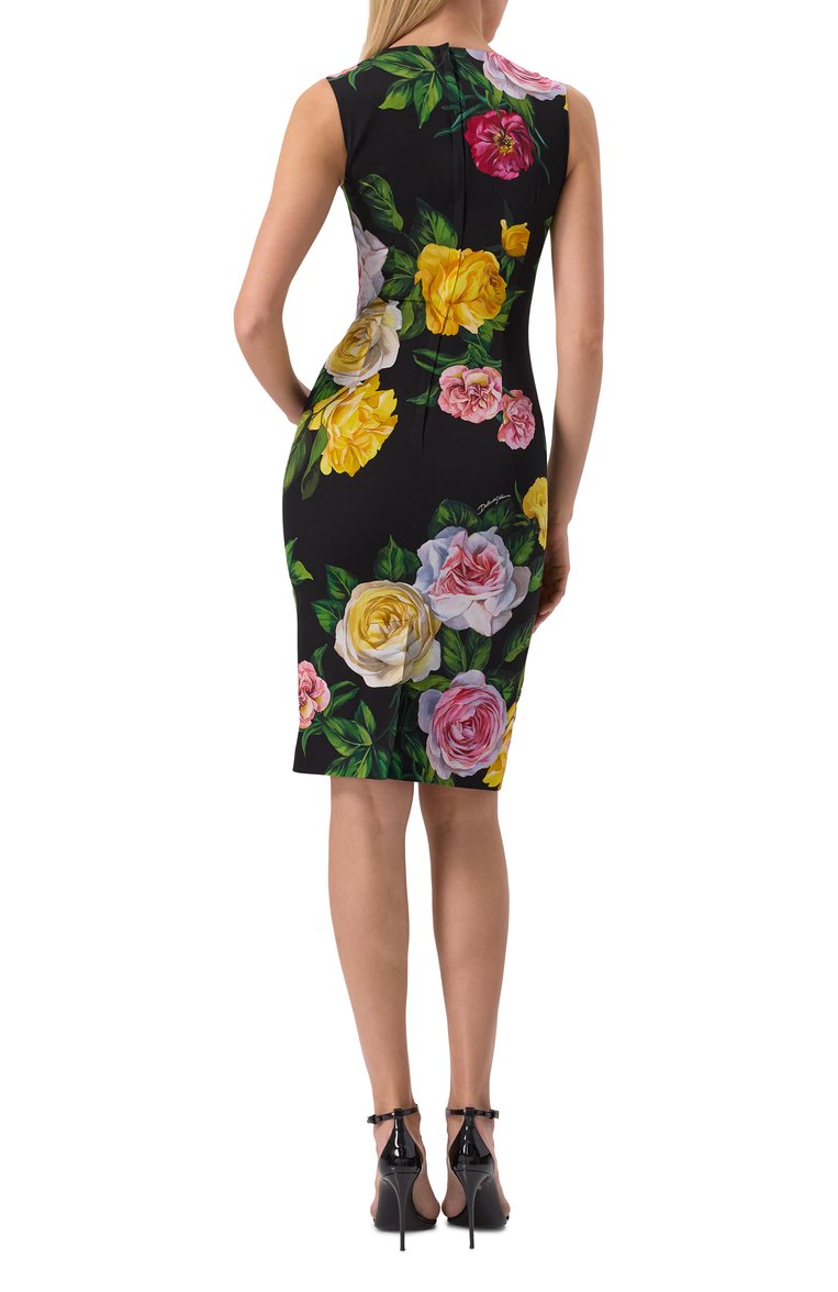 Женское шелковое платье DOLCE & GABBANA разноцветного цвета, арт. F6TMST/FSA7B | Фото 4 (Длина Ж (юбки, платья, шорты): До колена; Драгоценные камни: Проставлено; Материал сплава: Проставлено; Материал внешний: Шелк; Случай: Коктейльный; Женское Кросс-КТ: платье-футляр, Платье-одежда; Стили: Гламурный; Рукава: Без рукавов)