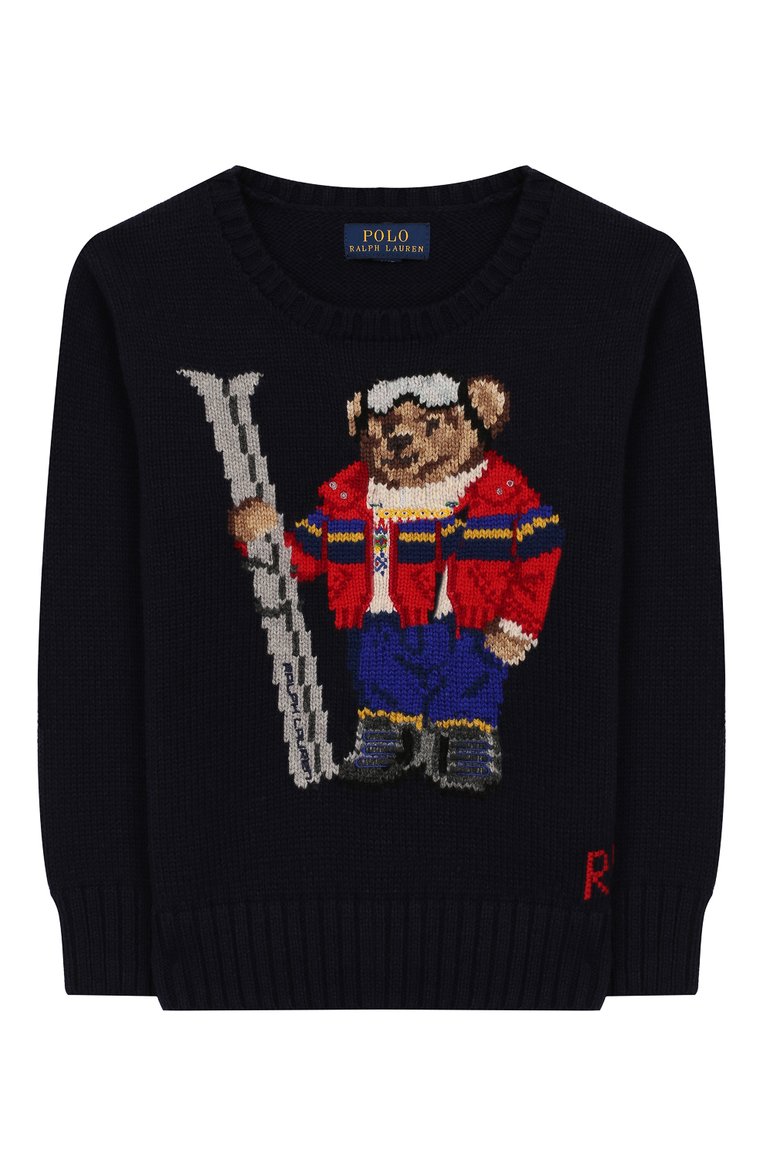 Детский свитер из смеси хлопка и шерсти POLO RALPH LAUREN синего цвета, арт. 321760323 | Фото 1 (Рукава: Длинные; Материал внешний: Хлопок; Статус проверки: Проверена категория, Проверено; Мальчики Кросс-КТ: Свитер-одежда; Тематический товар: Teddy Bear)