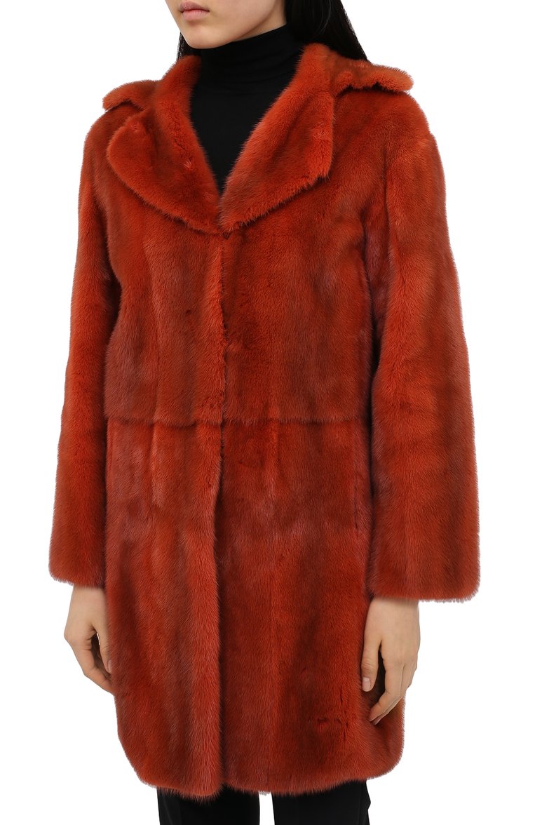 Женская шуба из норки VALENTINO оранжевого цвета, арт. NF3FA286/1XF | Фото 3 (Длина (верхняя одежда): До середины бедра; Материал подклада: Шелк; Рукава: Длинные; Материал внешний: Натуральный мех; Женское Кросс-КТ: Мех; Стили: Гламурный; Кросс-КТ: Куртка)