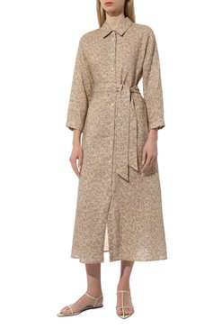 Женское льняное платье KITON бежевого цвета, арт. D57308H08001 | Фото 3 (Материал внешний: Лен; Рукава: Длинные; Длина Ж (юбки, платья, шорты): Миди; Случай: Повседневный; Женское Кросс-КТ: Платье-одежда)