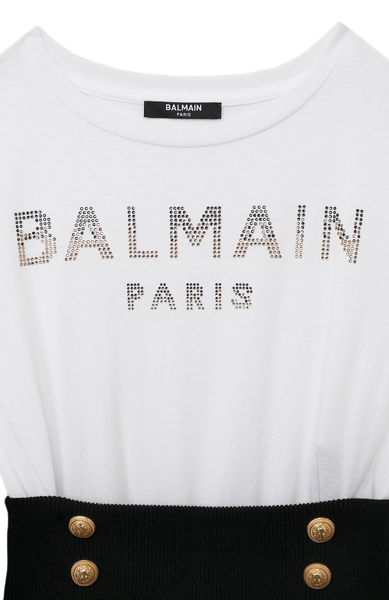 Детское хлопковое платье BALMAIN черно-белого цвета, арт. BT1D21 | Фото 3 (Материал внешний: Хлопок; Рукава: Короткие; Случай: Повседневный)