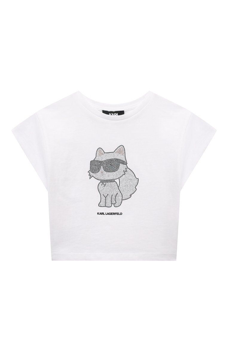 Детская хлопковая футболка KARL LAGERFELD KIDS белого цвета, арт. Z30113 | Фото 1 (Рукава: Короткие; Материал внешний: Хлопок; Драгоценные камни: Проставлено; Материал сплава: Проставлено; Девочки Кросс-КТ: футболка-одежда; Ростовка одежда: 5 лет | 110 см, 12 лет | 152 см, 16 лет | 164 см, 13 - 15 лет | 158 см, 7 лет | 122 см, 9 лет | 134 см)
