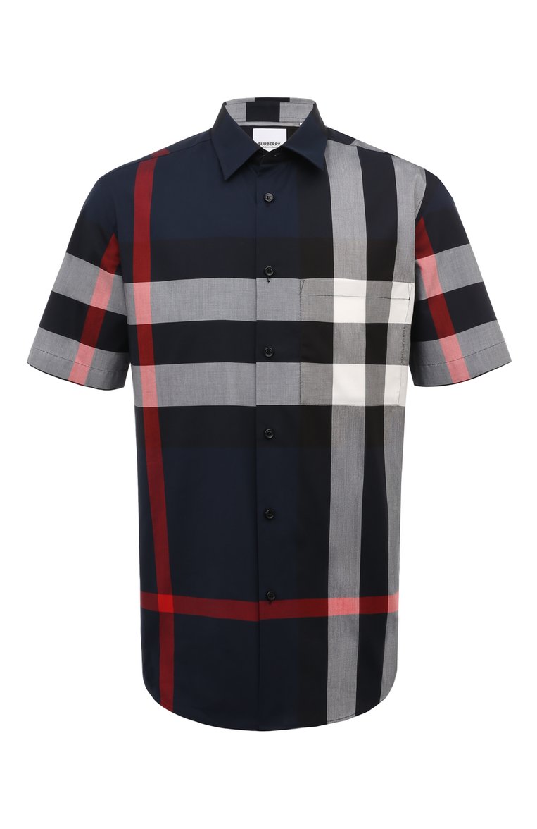 Мужская хлопковая рубашка BURBERRY темно-синего цвета, арт. 8079592 | Фото 1 (Длина (для топов): Стандартные; Материал внешний: Хлопок; Рукава: Короткие; Материал сплава: Проставлено; Драгоценные камни: Проставлено; Принт: Клетка; Случай: Повседневный; Воротник: Кент; Стили: Кэжуэл)