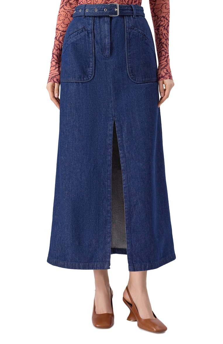 Женская джинсовая юбка DRIES VAN NOTEN синего цвета, арт. 251-010825-1562 | Фото 3 (Материал внешний: Хлопок, Деним; Кросс-КТ: Деним; Стили: Минимализм; Длина Ж (юбки, платья, шорты): Миди; Автоматизация ТО: Проставлено; Автоматизация состава: Проставлено)