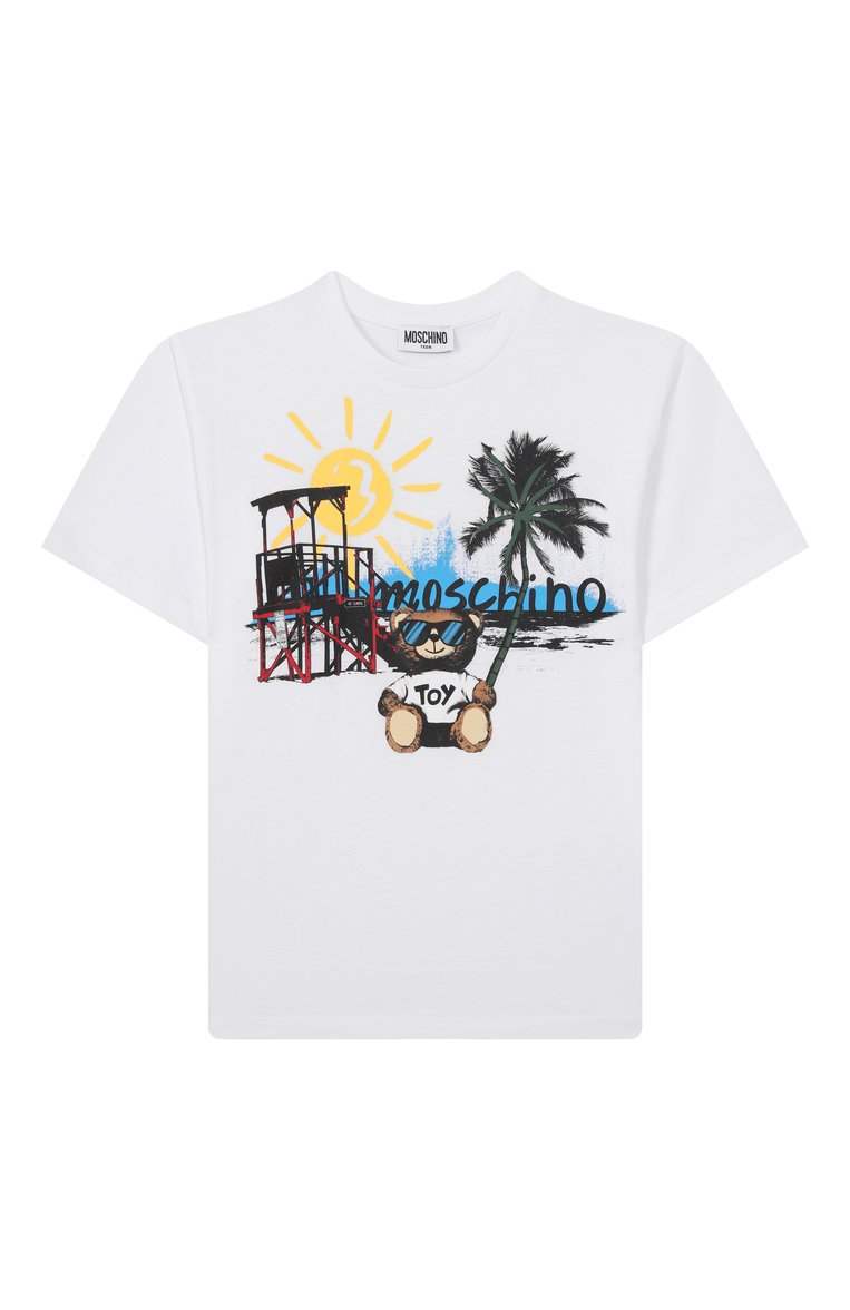 Детская хлопковая футболка MOSCHINO белого цвета, арт. H0M050/LAA23/10-14 | Фото 1 (Материал внешний: Хлопок; Рукава: Короткие; Мальчики Кросс-КТ: Футболка-одежда; Тематический товар: Teddy Bear; Ростовка одежда: 10 - 11 лет | 140 - 146см, 12 лет | 152 см, 16 лет | 164 см)