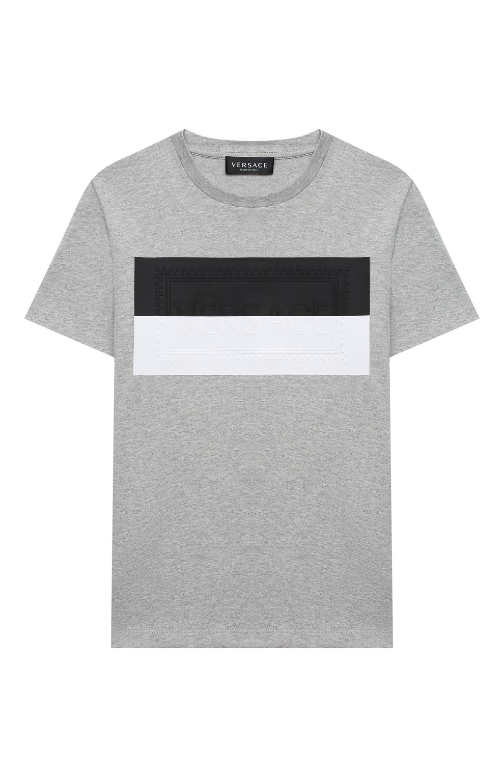 Хлопковая футболка VERSACE серого цвета по цене 18800 руб., арт. YD000265/YA00079/8A-14A, фото 1 Хлопковая футболка VERSACE, арт. YD000265/YA00079/8A-14A, фото 1