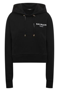 Женский хлопковое худи BALMAIN черного цвета, арт. AF1JP000/BB01 | Фото 1 (Рукава: Длинные; Длина (для топов): Стандартные; Материал сплава: Проставлено; Материал внешний: Хлопок; Стили: Спорт-шик; Женское Кросс-КТ: Худи-одежда; Драгоценные камни: Проставлено)