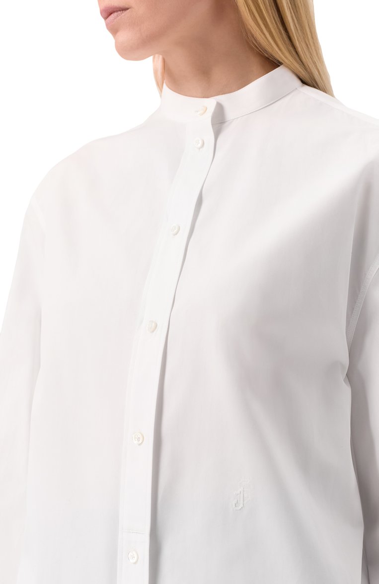 Женская хлопковая рубашка JIL SANDER белого цвета, арт. J05DL0110/J45001 | Фото 5 (Рукава: Длинные; Драгоценные камни: Проставлено; Материал сплава: Проставлено; Длина (для топов): Удлиненные; Стили: Кэжуэл; Принт: Без принта; Женское Кросс-КТ: Рубашка-одежда; Материал внешний: Хлопок)