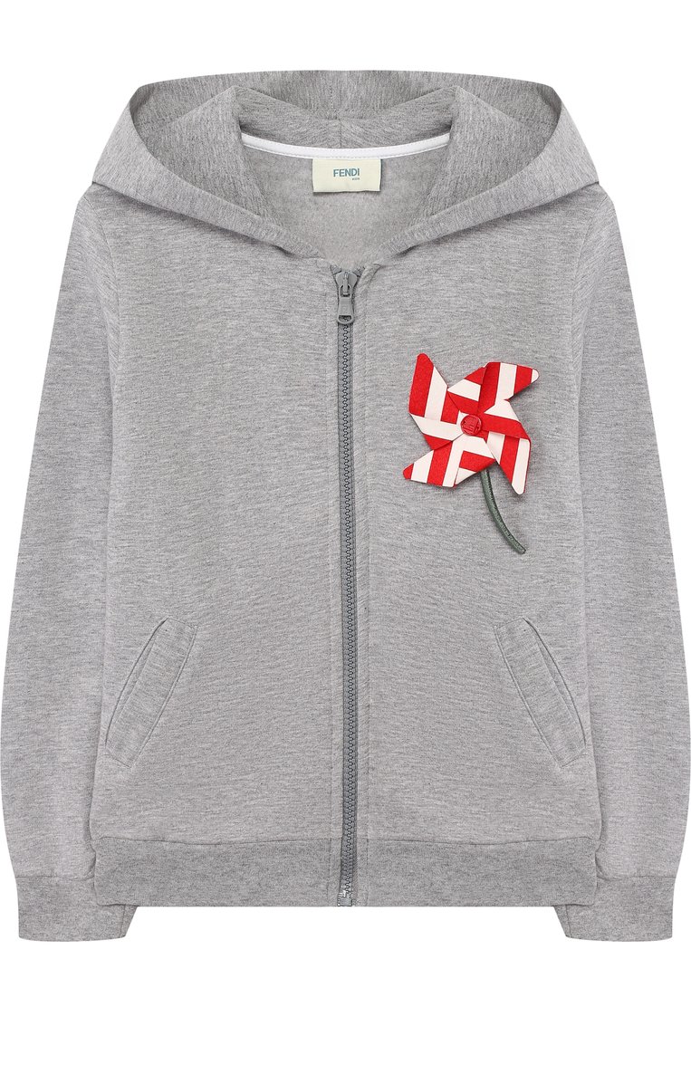 Детский хлопковый кардиган на молнии с капюшоном FENDI серого цвета, арт. JFH065/A4RA/3A-5A | Фото 1 (Материал внешний: Хлопок; Рукава: Длинные; Девочки Кросс-КТ: Кардиган-одежда; Материал сплава: Проставлено; Драгоценные камни: Проставлено; Ростовка одежда: 3 года | 98 см, 4 года | 104 см, 5 лет | 110 см)