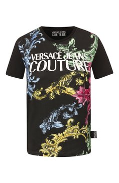 Женская хлопковая футболка VERSACE JEANS COUTURE черного цвета, арт. B2HUB7M3-UDM613 62/30288 | Фото 1 (Силуэт Ж (для верхов): Приталенный; Материал внешний: Хлопок; Рукава: Короткие; Длина (для топов): Стандартные; Женское Кросс-КТ: Футболка-одежда; Стили: Кэжуэл, Гламурный; Принт: С принтом; Драгоценные камни: Проставлено; Материал сплава: Проставлено)