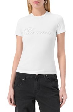 Женская хлопковая футболка BLUMARINE белого цвета, арт. P522T082A | Фото 3 (Длина (для топов): Стандартные; Рукава: Короткие; Материал сплава: Проставлено; Материал внешний: Хлопок; Драгоценные камни: Проставлено; Принт: С принтом; Стили: Кэжуэл; Женское Кросс-КТ: Футболка-одежда)