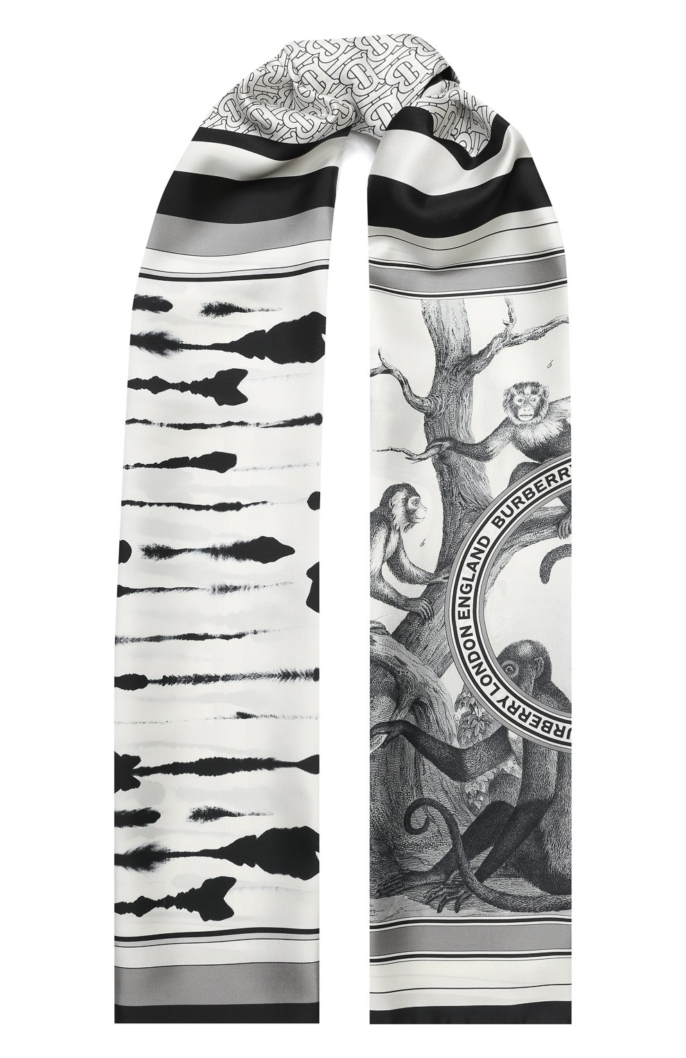 Шелковый шарф BURBERRY черно-белого цвета по цене 59850 руб., арт. 8029398, фото 1 Шелковый шарф BURBERRY, арт. 8029398, фото 1
