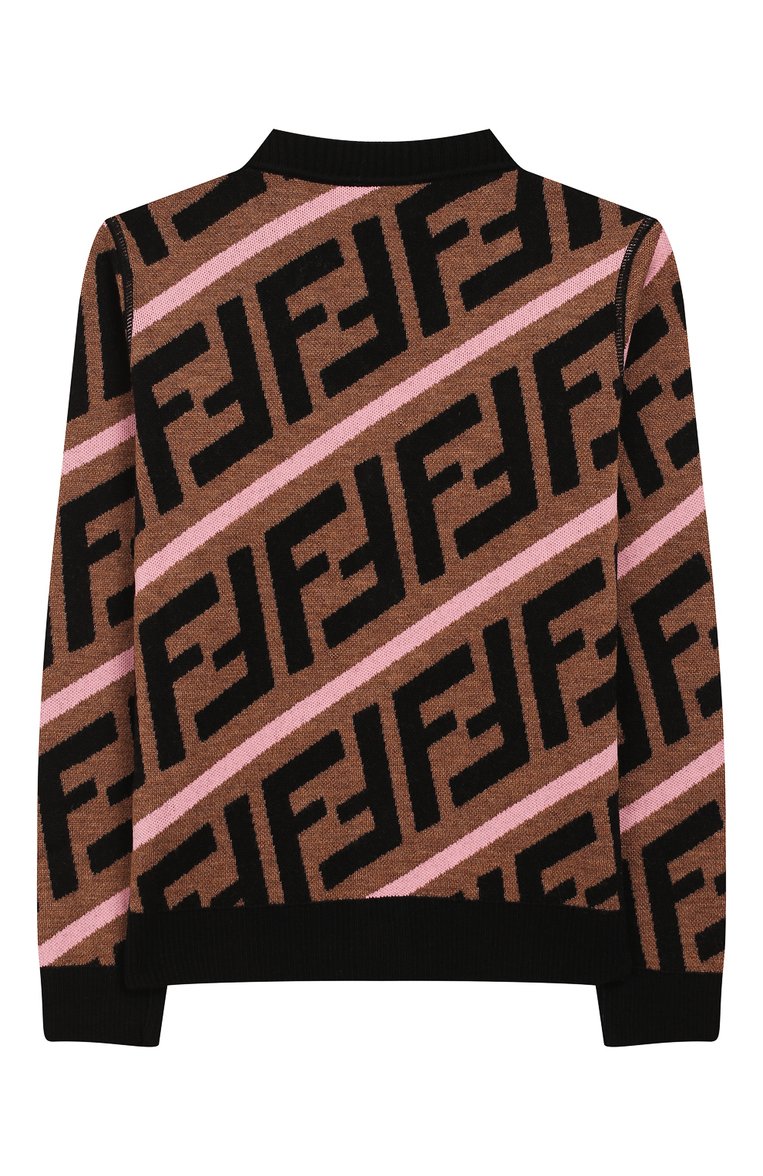 Детский шерстяной кардиган FENDI коричневого цвета, арт. JFG050/A8L7/10A-12+ | Фото 2 (Материал внешний: Шерсть; Рукава: Длинные; Девочки Кросс-КТ: Кардиган-одежда; Статус проверки: Проверена категория; Драгоценные камни: Проставлено; Материал сплава: Проставлено; Ростовка одежда: 10 - 11 лет | 140 - 146см, 12 лет | 152 см)