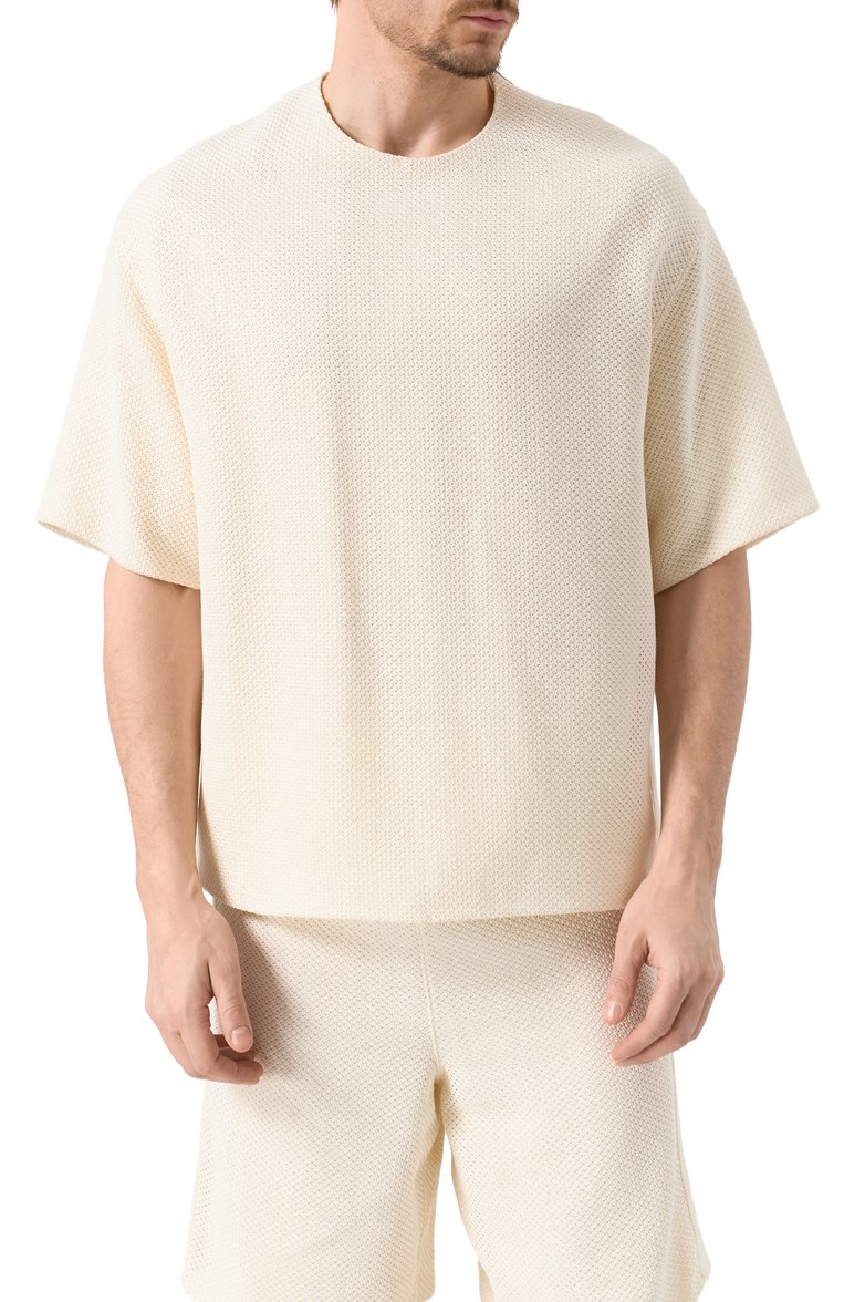 Мужская хлопковая футболка JIL SANDER кремового цвета, арт. J22GC0199/J20258 | Фото 3 (Рукава: 3/4; Длина (для топов): Стандартные; Принт: Без принта; Стили: Минимализм; Материал внешний: Хлопок, Синтетический материал; Мужское Кросс-КТ: Футболка-одежда; Кросс-КТ: Джерси; Автоматизация состава: Проставлено; Автоматизация ТО: Проставлено)
